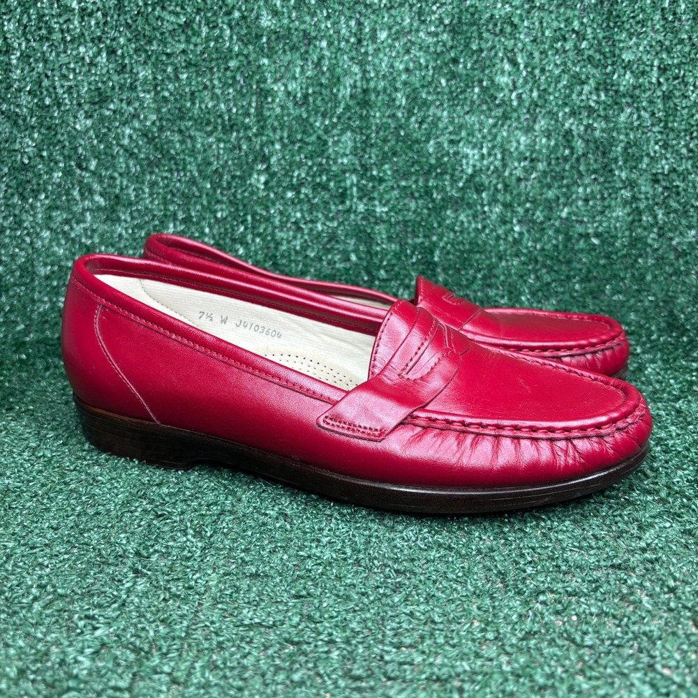 SAS Penny Slip On Leather Comfort Classic Walking Loafers Red Womens Sz 7.5 Wide